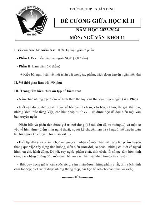 Đề cương ôn tập Giữa kì 2 Ngữ văn 11 năm 2023–2024 trường THPT Xuân Đỉnh (Hà Nội)